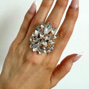 Large statement clear crystal & gold tone cocktail ring - adjustable
